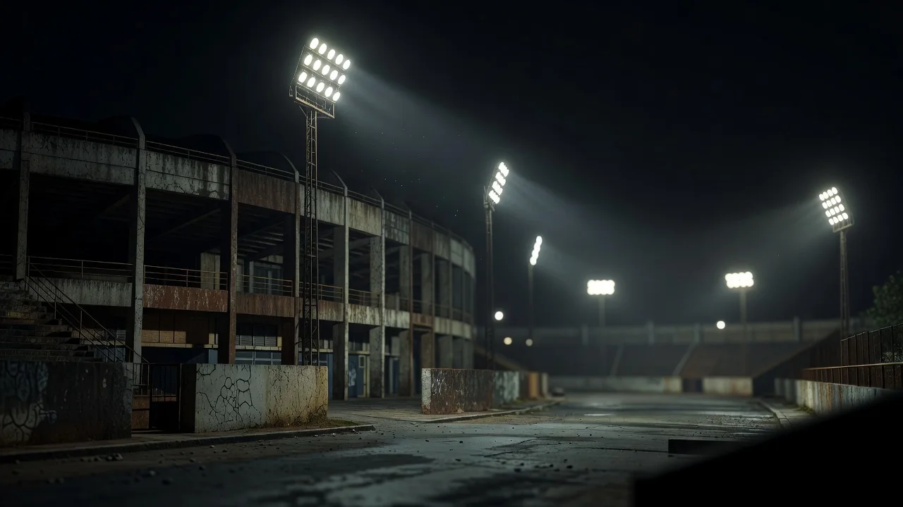 Estádio de futebol brasileiro iluminado à noite visto de fora